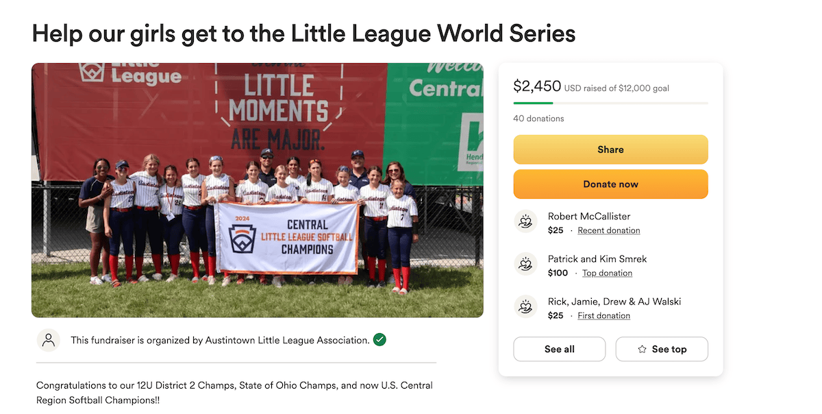 Eine GoFundMe-Spendenseite für ein Mädchen-Softballteam der Little League. Die Seite zeigt ein Mannschaftsfoto von jungen Mädchen in Uniformen, die ein Banner der Central Little League Softball Champions halten. Die Spendenaktion hat 2.450 US-Dollar von einem Ziel von 12.000 US-Dollar eingebracht, um dem Team zu helfen, an der Little League World Series teilzunehmen.