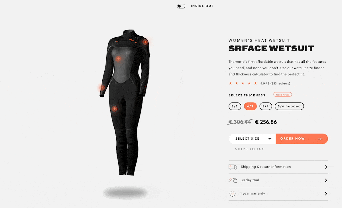 Ein GIF für eine Produktseite für einen schwarzen Neoprenanzug für Frauen. Es zeigt ein Bild des Neoprenanzugs, Preisinformationen, Größen- und Dickenoptionen sowie Produktdetails wie Versand- und Garantieinformationen. Der Benutzer navigiert durch die Größen, Stile und Produktinformationen, die auf dem Bildschirm angezeigt werden.