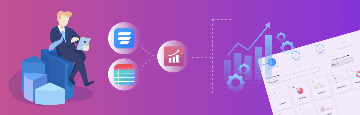 Das Header-Bild des Ninja-Charts-Plugins von WordPress.org. Es zeigt einen Geschäftsmann, der auf geometrischen Formen sitzt und ein Tablet benutzt, das mit Symbolen verbunden ist, die Tabellen, Diagramme und Analysen darstellen. Auf der rechten Seite sind ein ansteigendes Balkendiagramm und Dashboard-Elemente zu sehen.