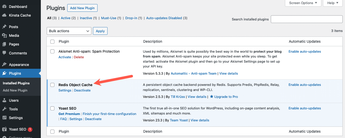 Screenshot showing the entry for the Redis Object Cache plugin within the WordPress admin dashboard.