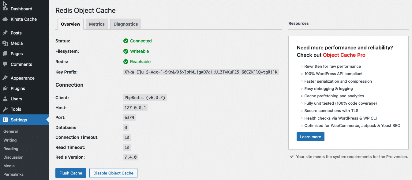 Screenhot showing the Settings page for Redis Object Cache with indications that the server is connected.