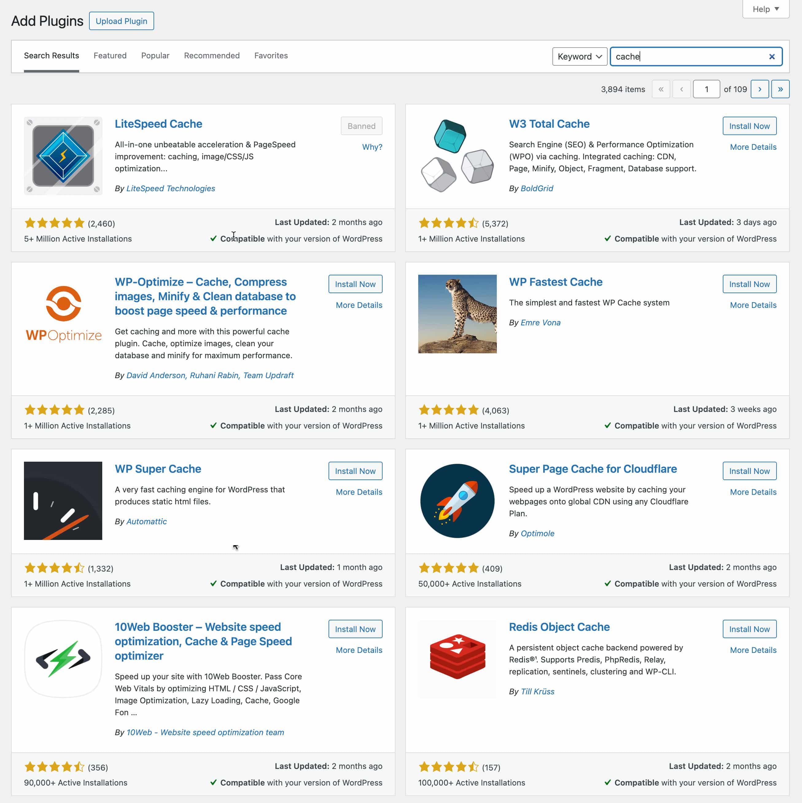Plugins de caché en la biblioteca de plugins de WordPress