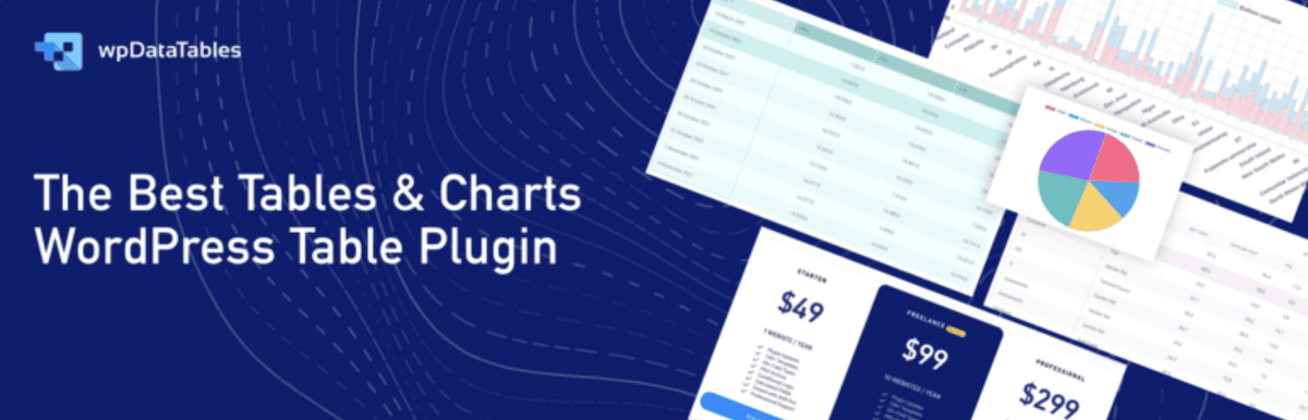 Das wpDataTables-Plugin-Header-Bild von WordPress.org. Das Banner hat einen dunkelblauen Hintergrund mit dem Plugin-Logo und dem Text „The Best Tables & Charts WordPress Table Plugin“. Beispieltabellen, Diagramme und Preispläne werden schwebend auf der rechten Seite des Bildes angezeigt.