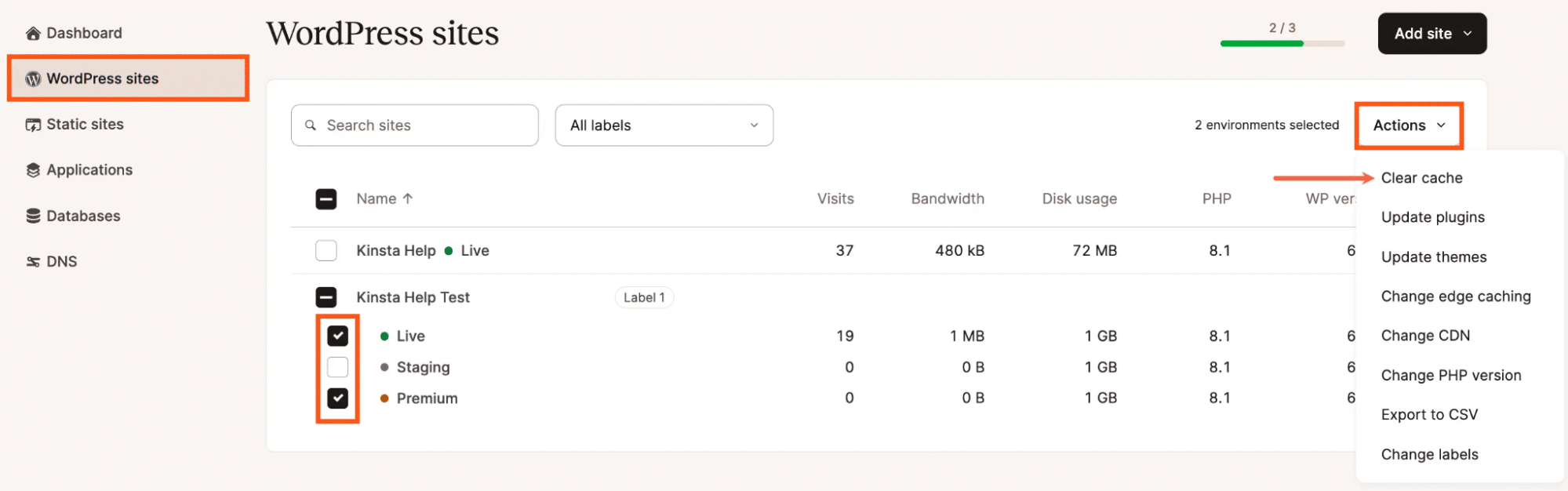 Vider le cache dans le tableau de bord MyKinsta.