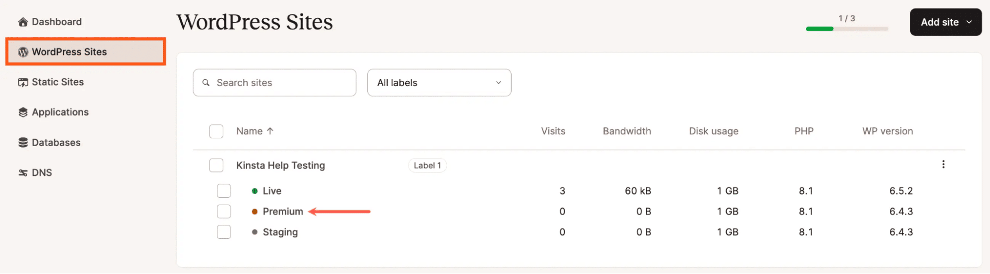 Basculer entre les environnements Production et Staging dans MyKinsta.