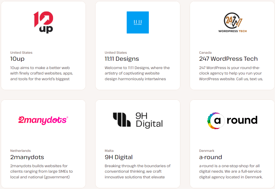 Exemples de nos clients listés dans l'annuaire des agences Kinsta.