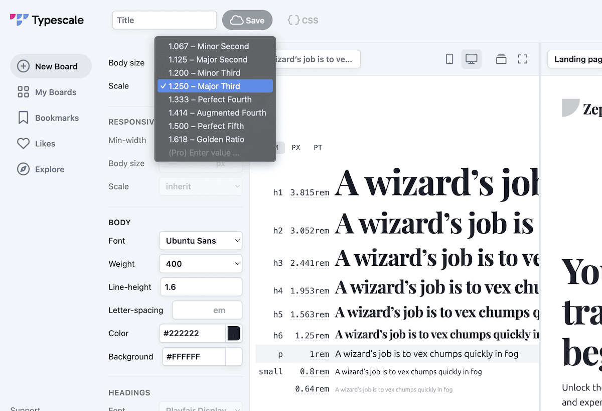 A typography scale interface from Typescale, displaying various heading sizes for 