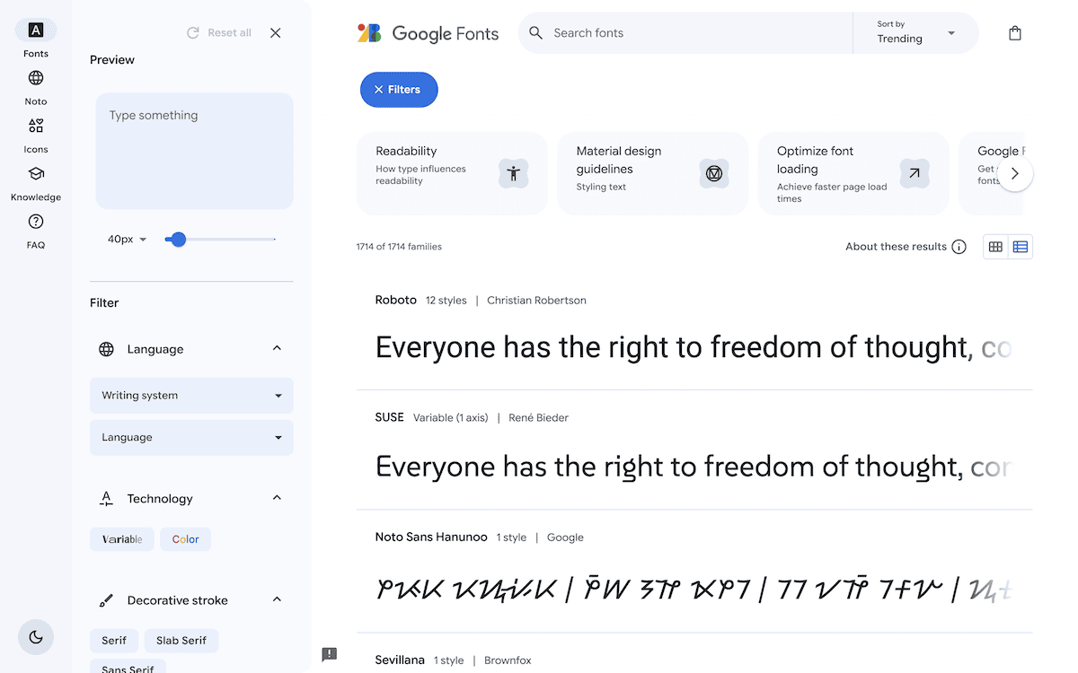 The Google Fonts website showing font previews and filtering options. The preview text reads, 