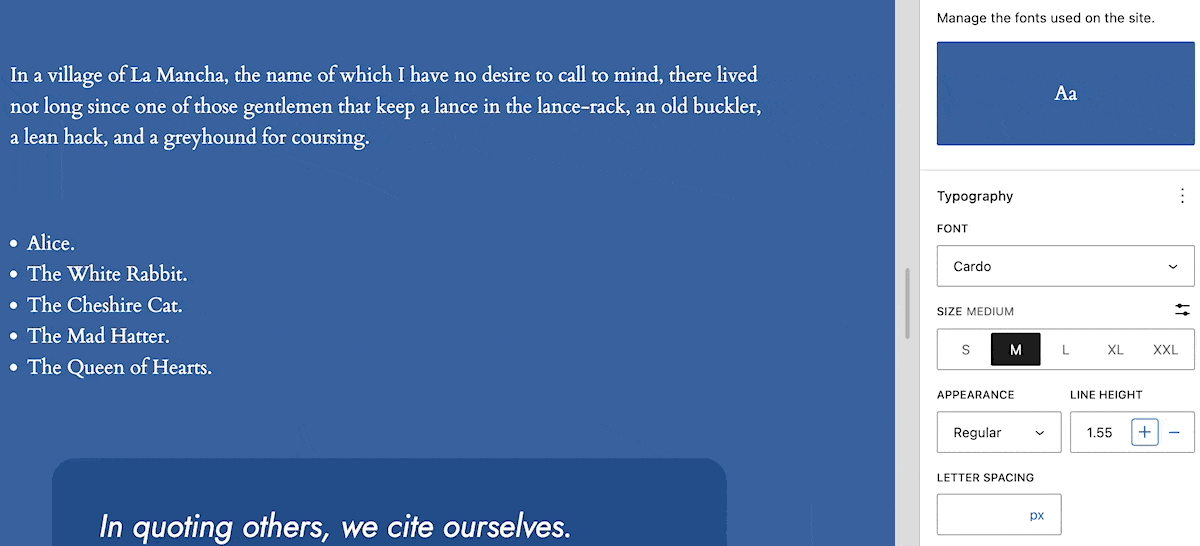A GIF of the WordPress Site Editor showcasing a change in the line height setting within the right-hand sidebar. The main area displays text from Don Quixote and a list of characters from Alice in Wonderland. A quote at the bottom reads, 