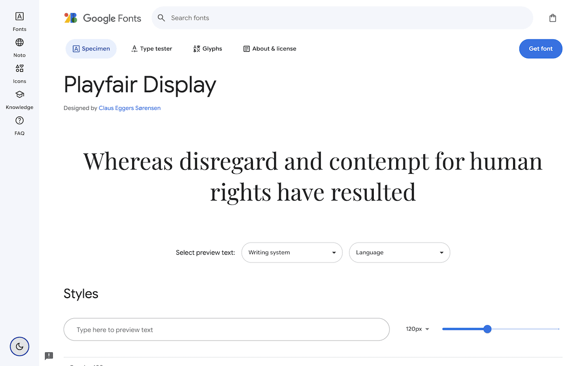 The Google Fonts website displaying the Playfair Display font specimen. The sample text reads, 