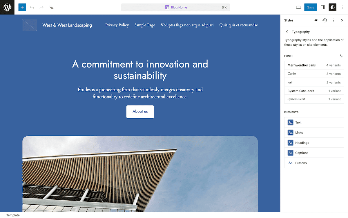 The WordPress Site Editor interface displaying a landscaping company's homepage. The page has a blue background with white text reading 