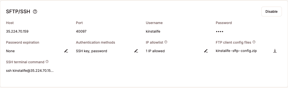 Informações de acesso SFTP/SSH da Kinsta.