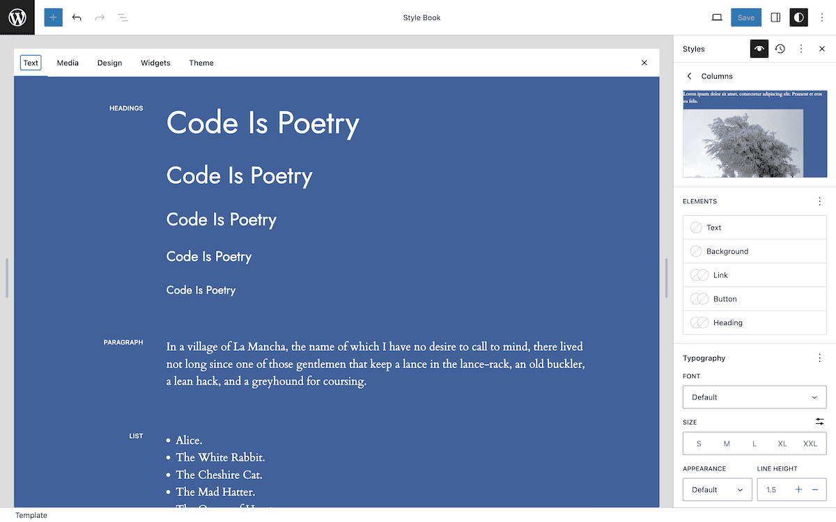 The WordPress Style Book editor interface showing a blue background with 