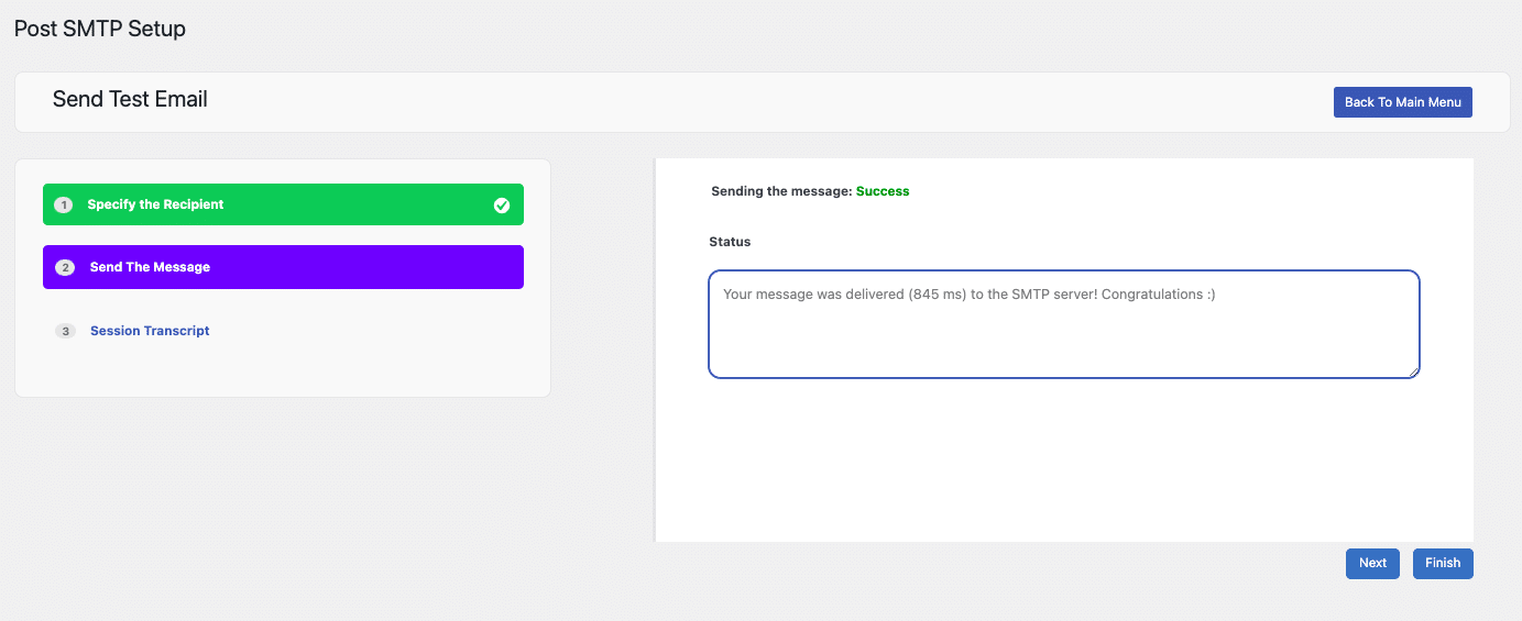 The Success message for your test email