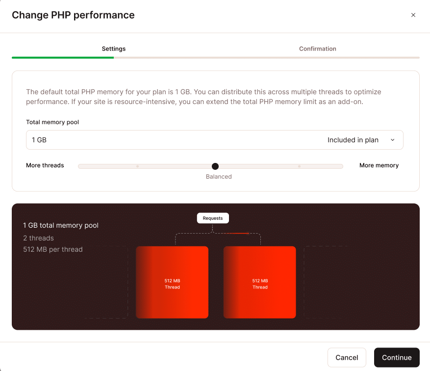 Change your PHP pool size, thread count or memory limit