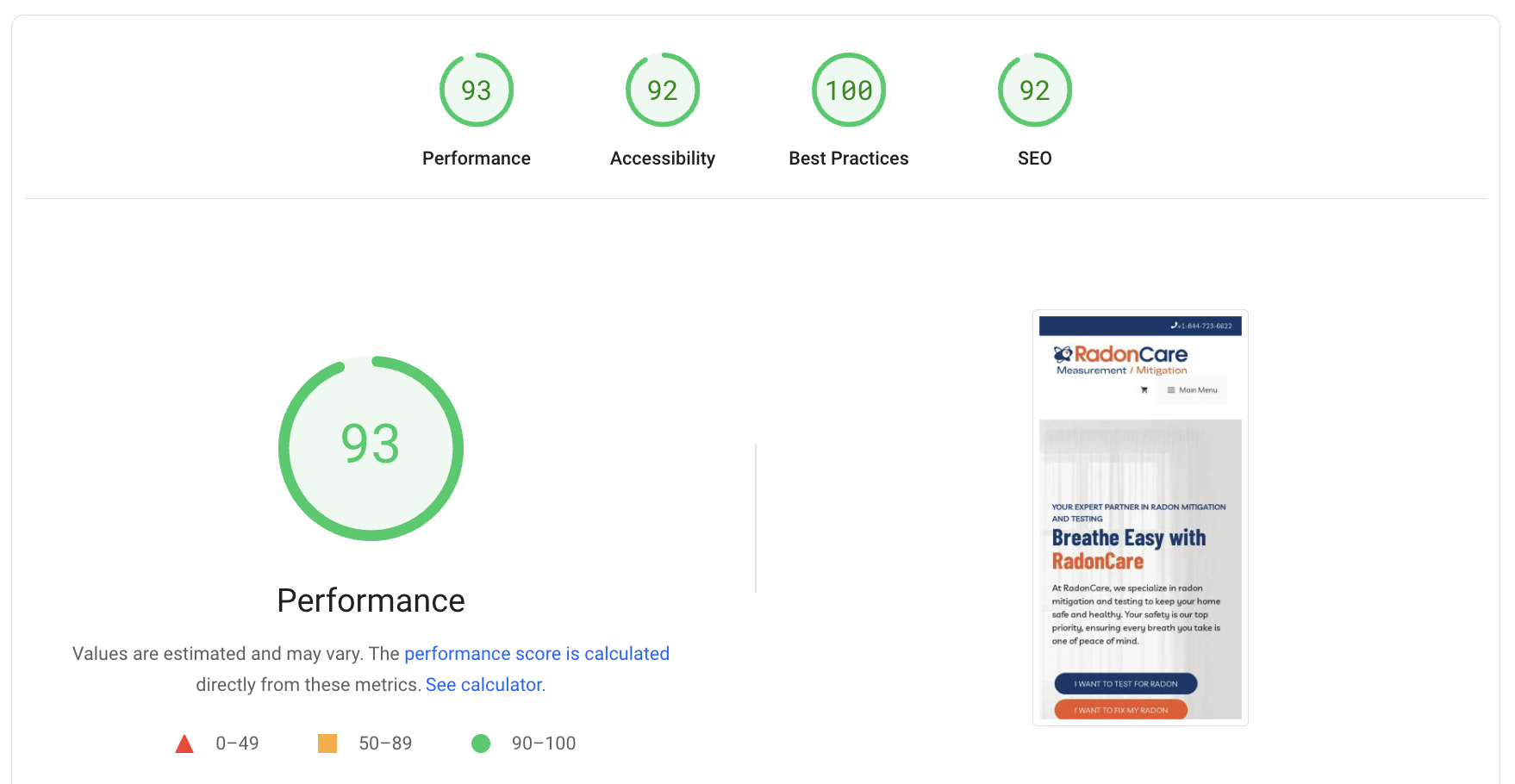 Verbeterde PageSpeed cijfers van de site van een klant van YEG Digital