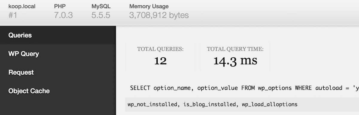 L'image d'en-tête du plugin Debug Bar de WordPress.org. Elle montre un panneau de débogage affichant la version 7.0.3 de PHP, la version 5.5.5 de MySQL, et une utilisation de la mémoire de 3 708 912 octets. Le panneau affiche également des informations sur les requêtes, avec un total de 12 requêtes dont l'exécution prend 14,3 ms. Une requête MySQL qui sélectionne la table wp_options est également visible.