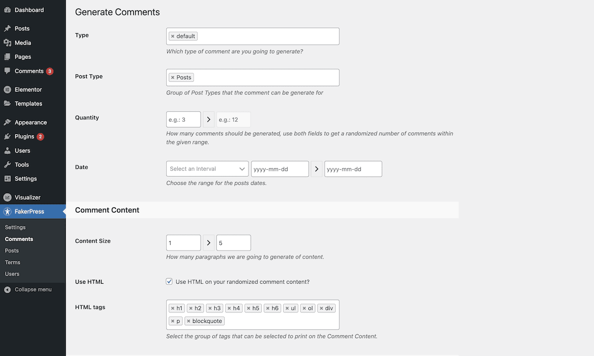 Le tableau de bord d'administration de WordPress montrant la page Generate Comments du plugin FakerPress. Cette page contient divers champs permettant de configurer la génération de commentaires, notamment le type, le type d'article, la quantité, la plage de dates, la taille du contenu et les options HTML. La barre latérale gauche affiche le menu d'administration standard de WordPress.