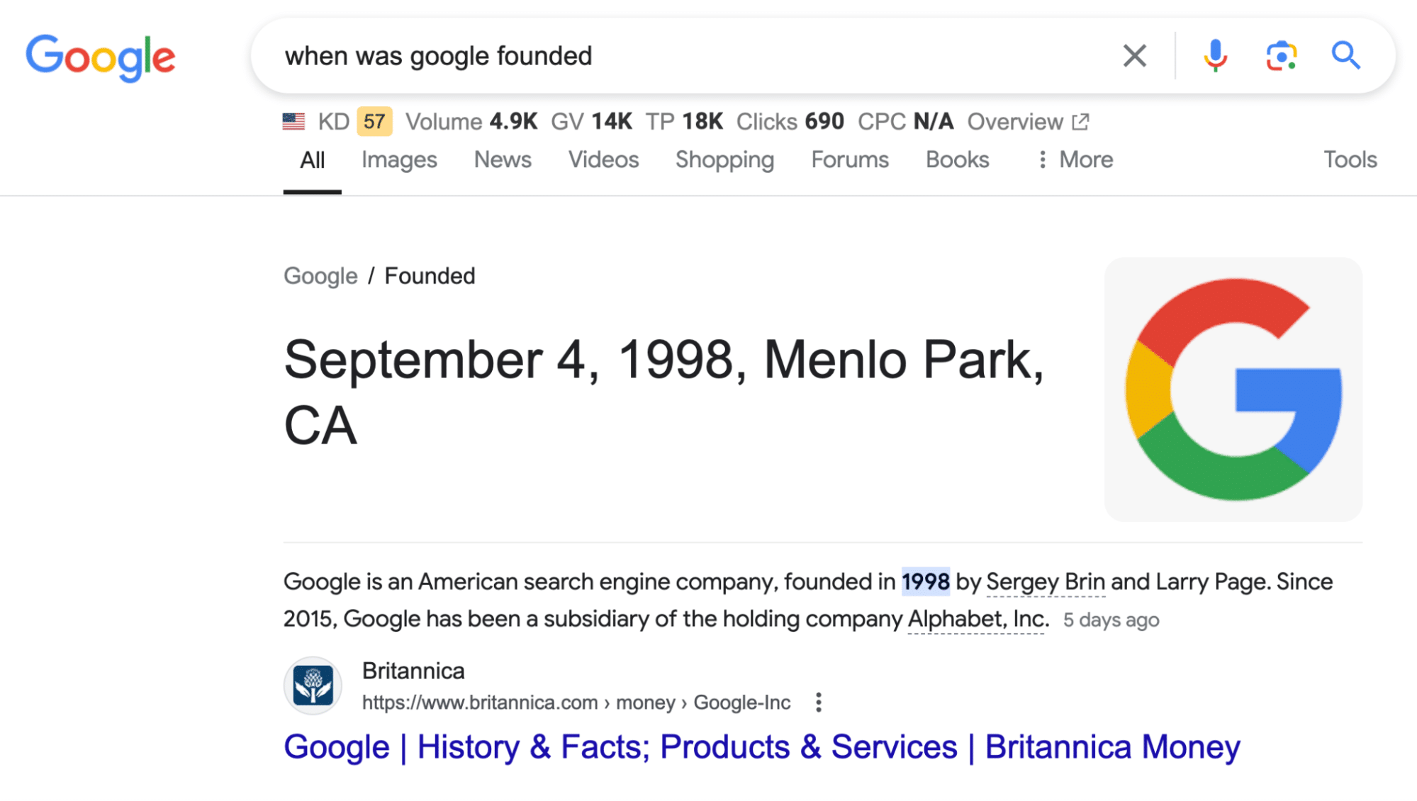 Boite de réponse Google pour le mot-clé « when was google founded »