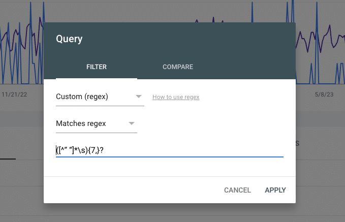 Filtre regex de la Search Console de Google pour les mots-clés de longue traîne