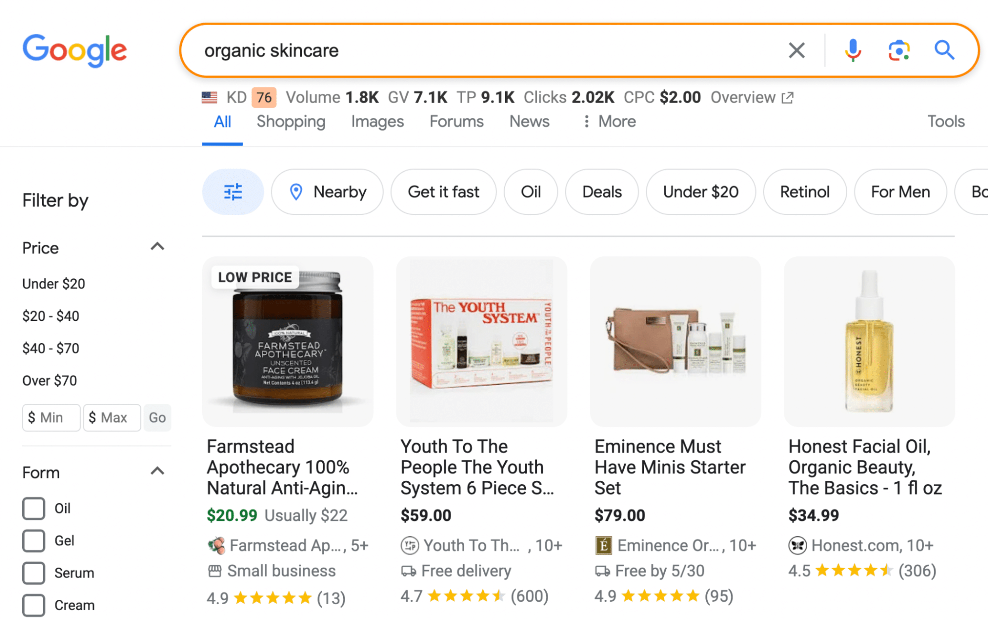 Page de résultats de Google pour les soins biologiques de la peau