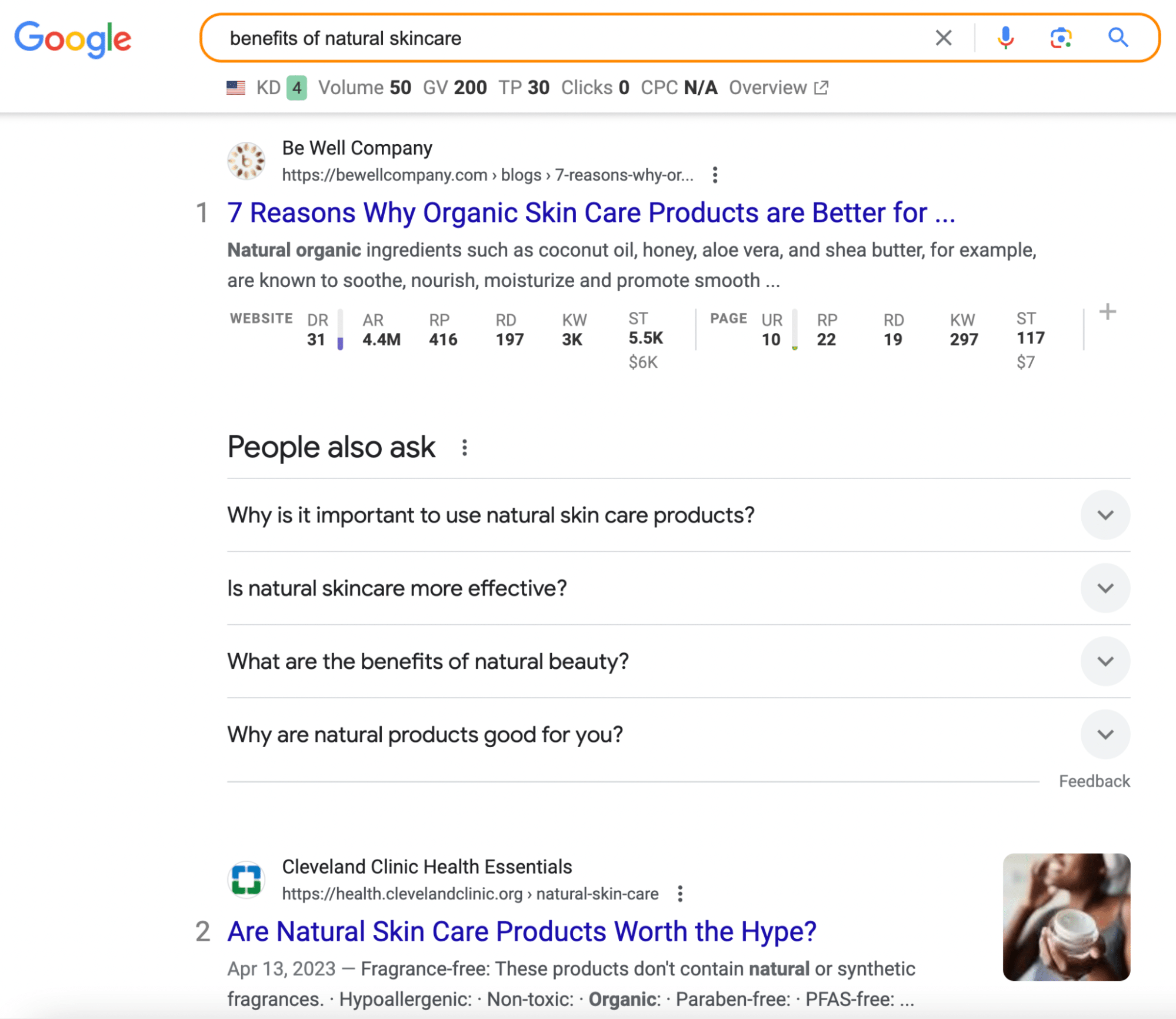Page d'accueil de Google pour les avantages des soins de la peau naturels