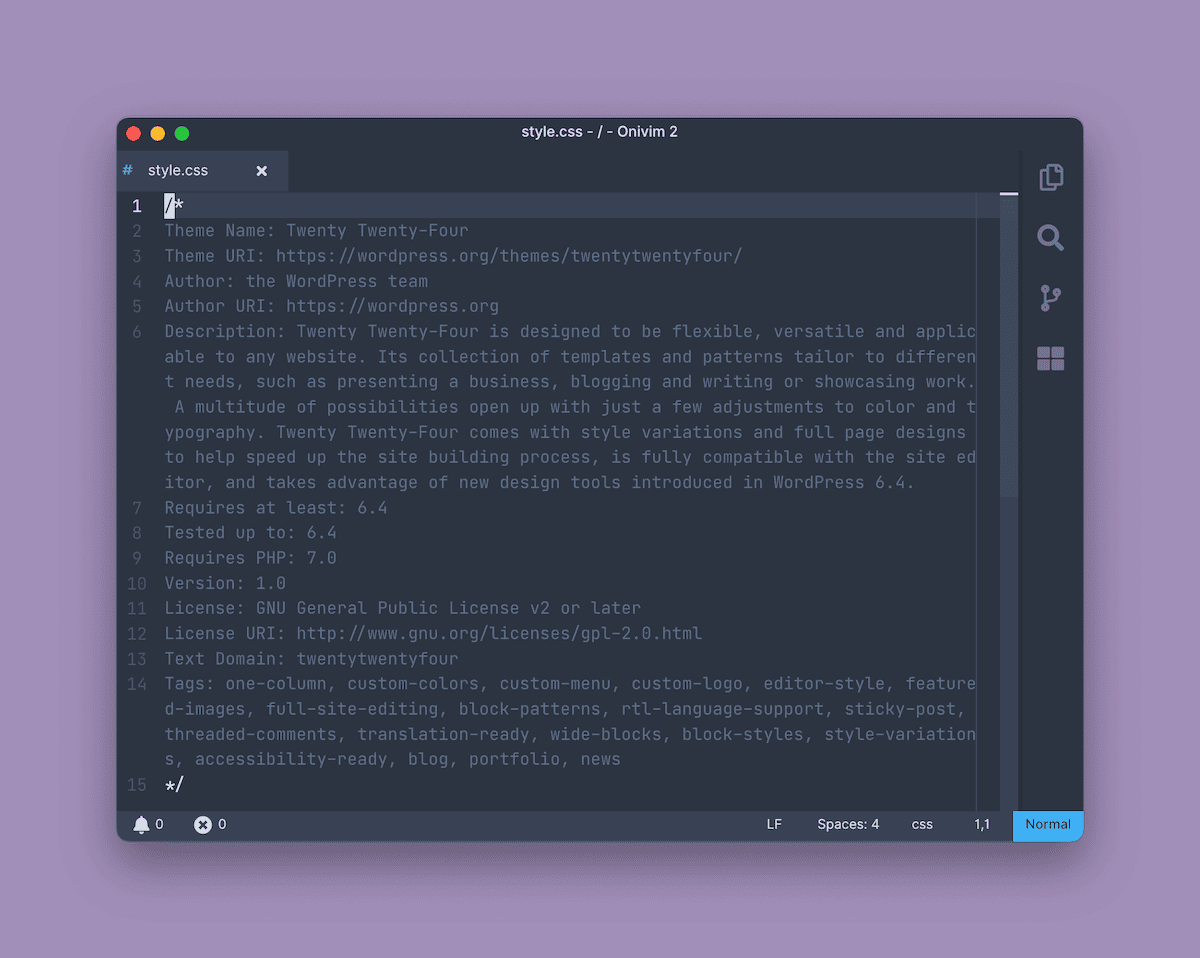 Fenêtre de l'éditeur de code affichant le fichier style.css pour le thème WordPress Twenty Twenty-Four. La fenêtre a un arrière-plan sombre avec un texte clair montrant des informations sur le thème telles que le nom, l'auteur, la description et diverses caractéristiques et balises du thème.