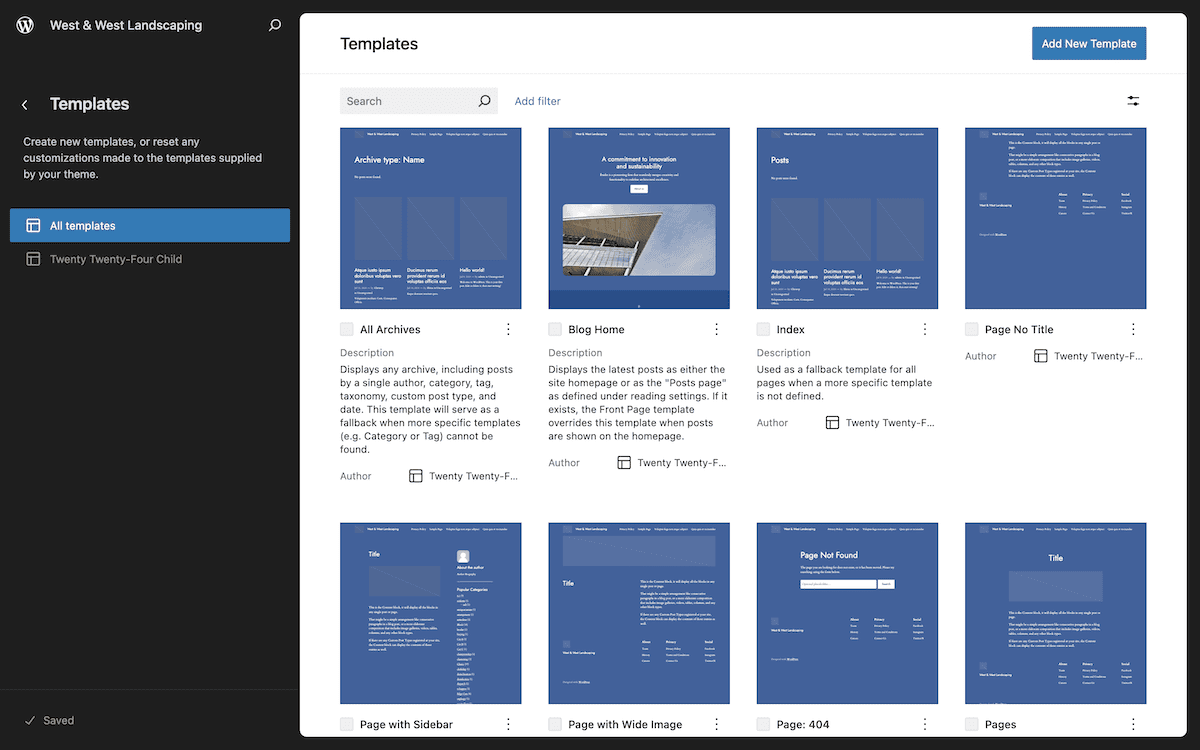 L'interface de l'éditeur de site WordPress montrant la page Modèles. Elle affiche une grille de vignettes de modèles comprenant Toutes les archives, Accueil du blog, Index, et d'autres modèles de pages. Chaque vignette présente un aperçu bleu de la mise en page du modèle.
