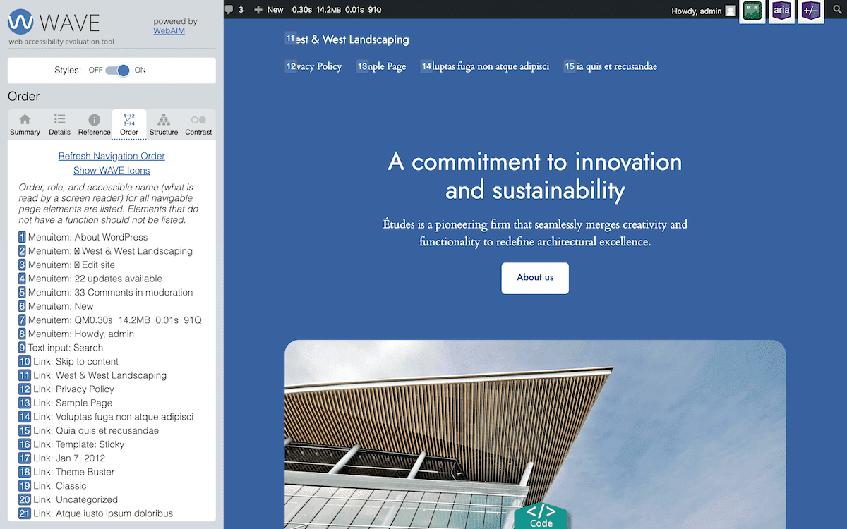 Interface de l'outil d'évaluation de l'accessibilité du web WAVE pour un site web WordPress. Le panneau de gauche présente des informations sur l'accessibilité, l'onglet Ordre étant sélectionné. Il répertorie les éléments de la page dans l'ordre de lecture. Le panneau de droite affiche la page d'accueil du site web.