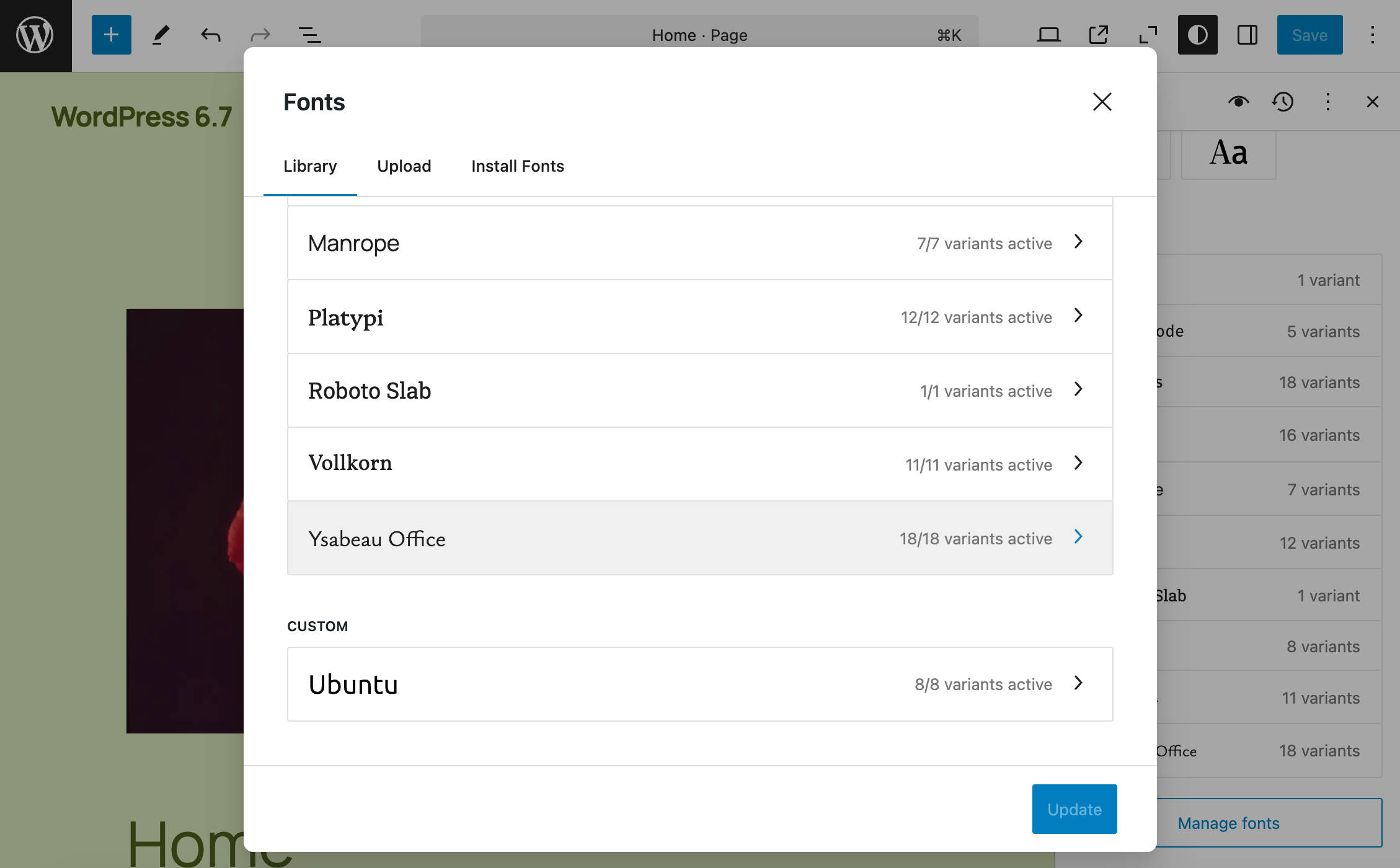 Font raggruppati per fonte in WordPress 6.7: Custom fonts.
