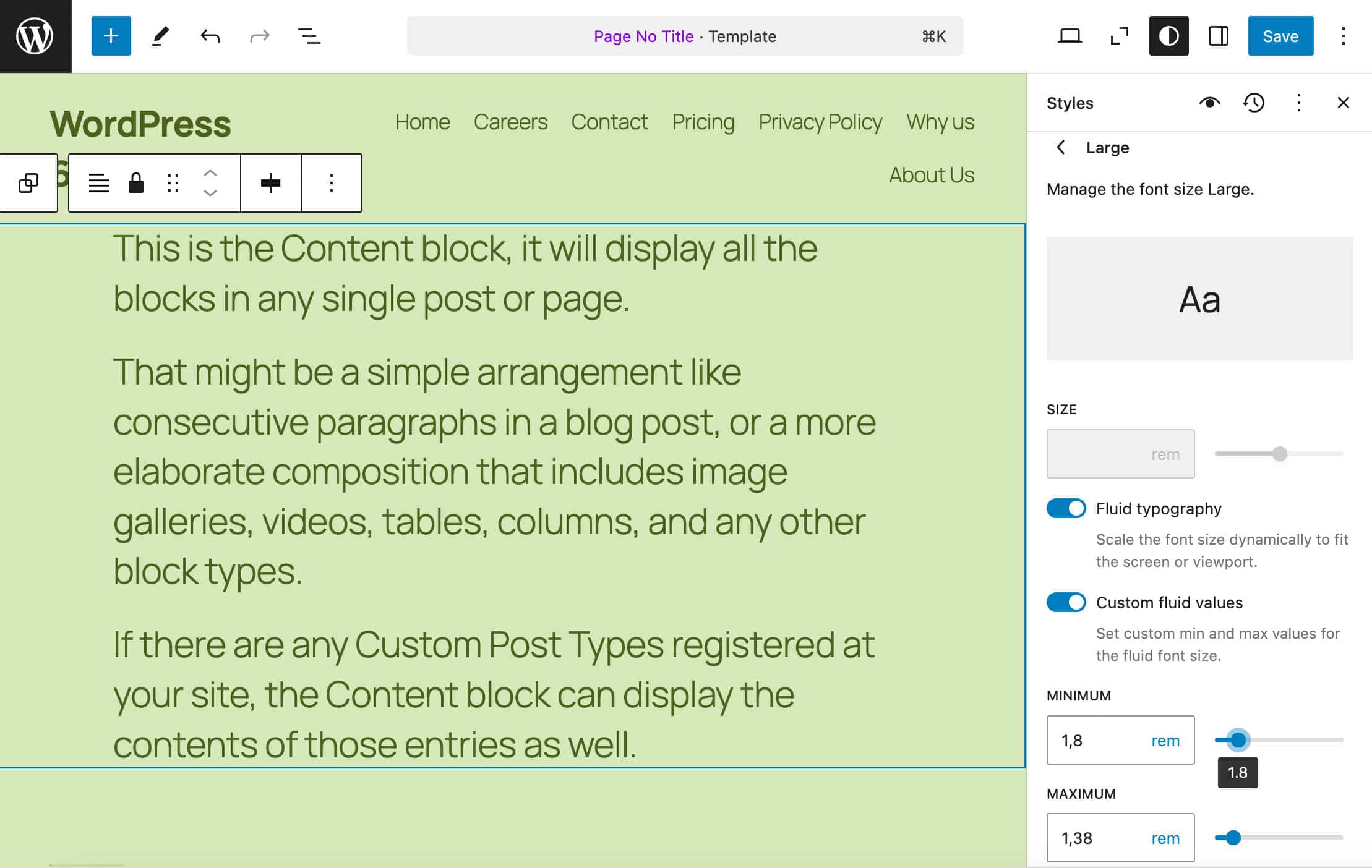 Modifica delle preimpostazioni delle dimensioni dei font in WordPress 6.7