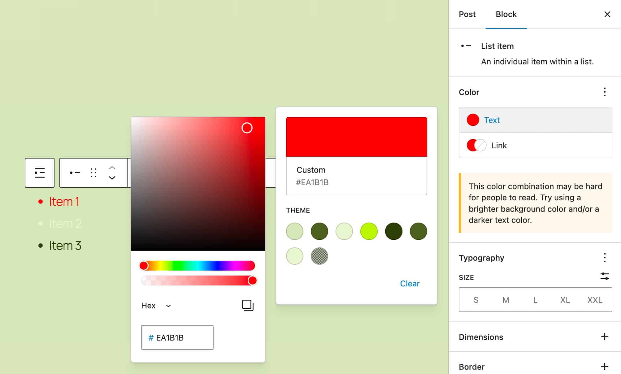 Controlli del colore per le voci elenco in WordPress 6.7