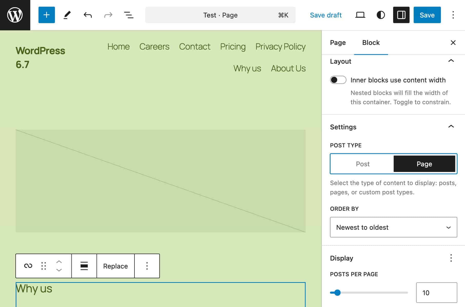 Impostazioni Query Loop per una singola pagina in WordPress 6.7