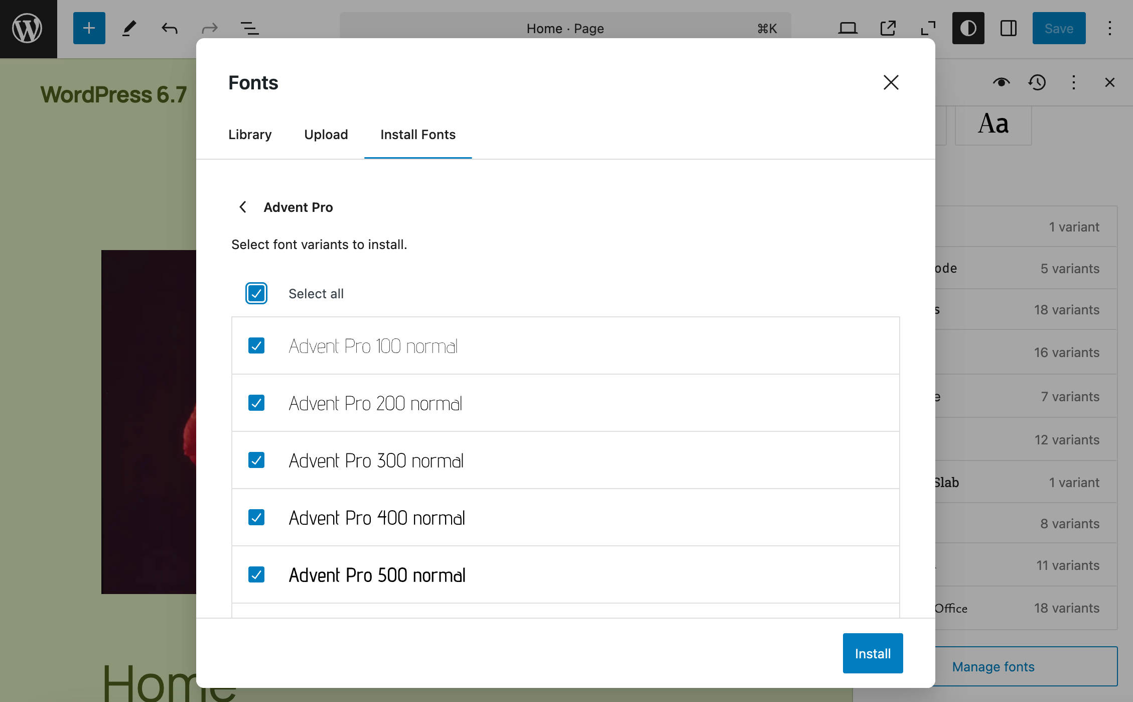 Selezionare tutte le varianti di font in WordPress 6.7.