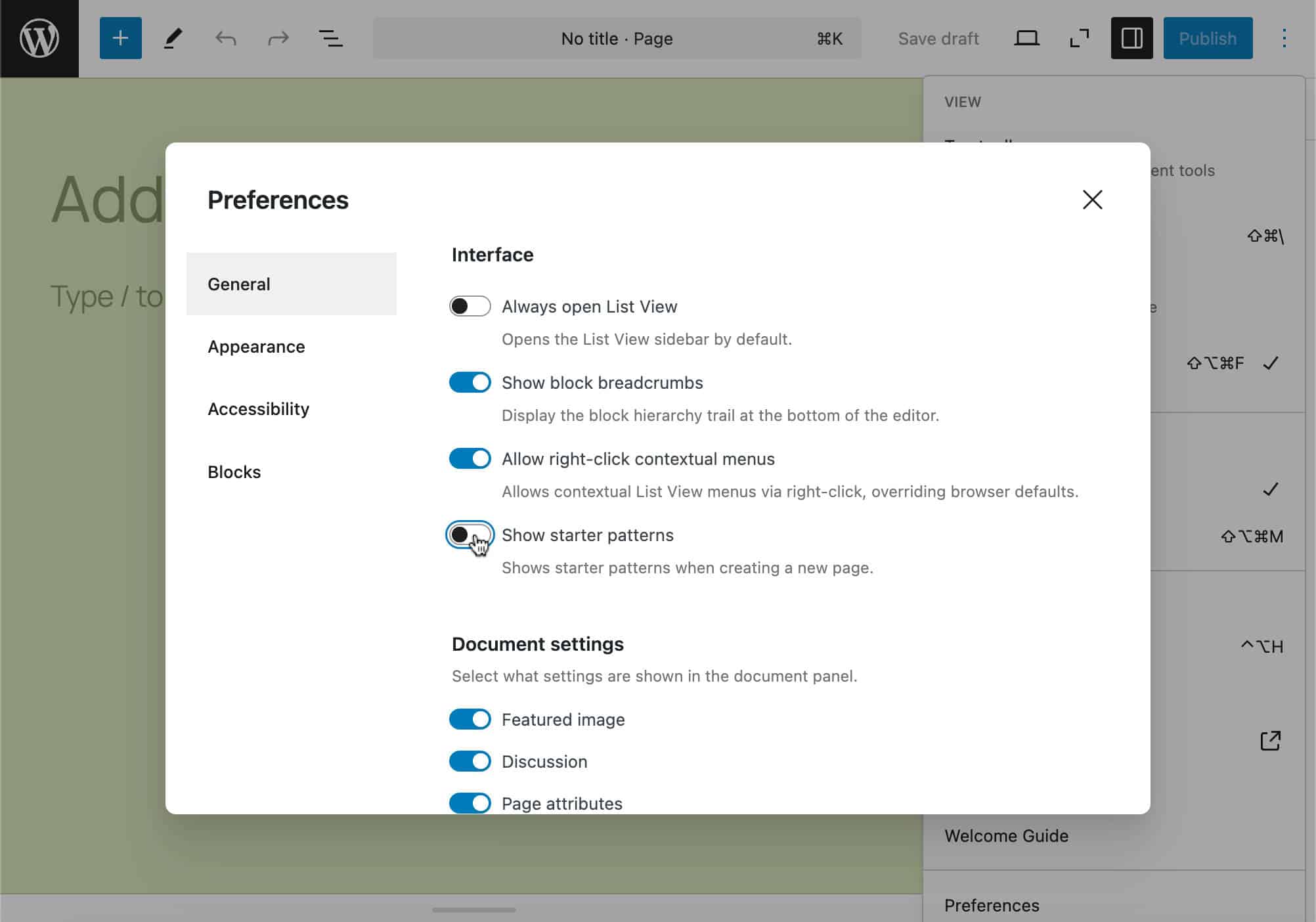 Disattivare la finestra di scelta del pattern in WordPress 6.7