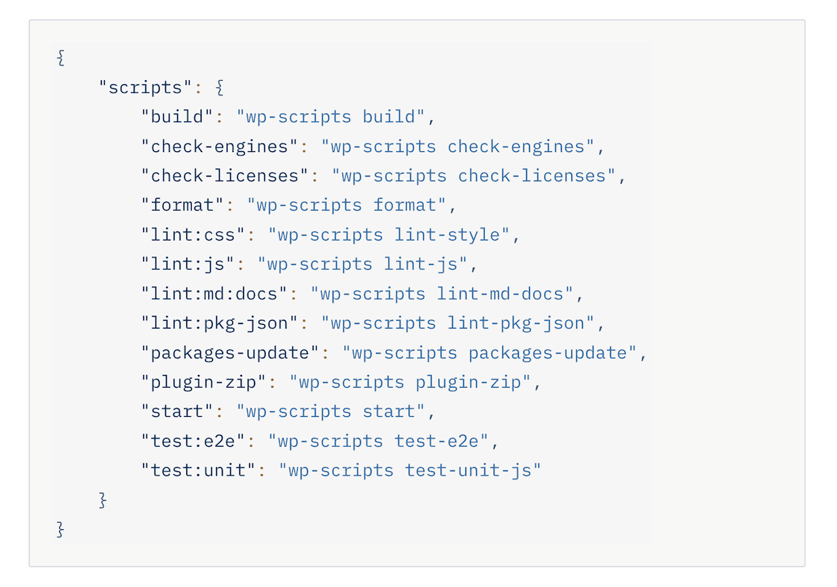 Ein Code-Ausschnitt, der den Skriptabschnitt einer package.json-Datei für ein WordPress-Projekt anzeigt. Er listet verschiedene npm-Skripte für Aufgaben wie das Erstellen, das Überprüfen von Engines und Lizenzen, das Formatieren, das Linting (für CSS-, JavaScript-, Markdown-Dokumente und package.json), das Aktualisieren von Paketen, das Erstellen von Plugin-Zip-Dateien, das Starten des Projekts und das Ausführen von Tests (sowohl End-to-End- als auch Unit-Tests) auf. Alle Skripte verwenden wp-scripts als Basisbefehl.