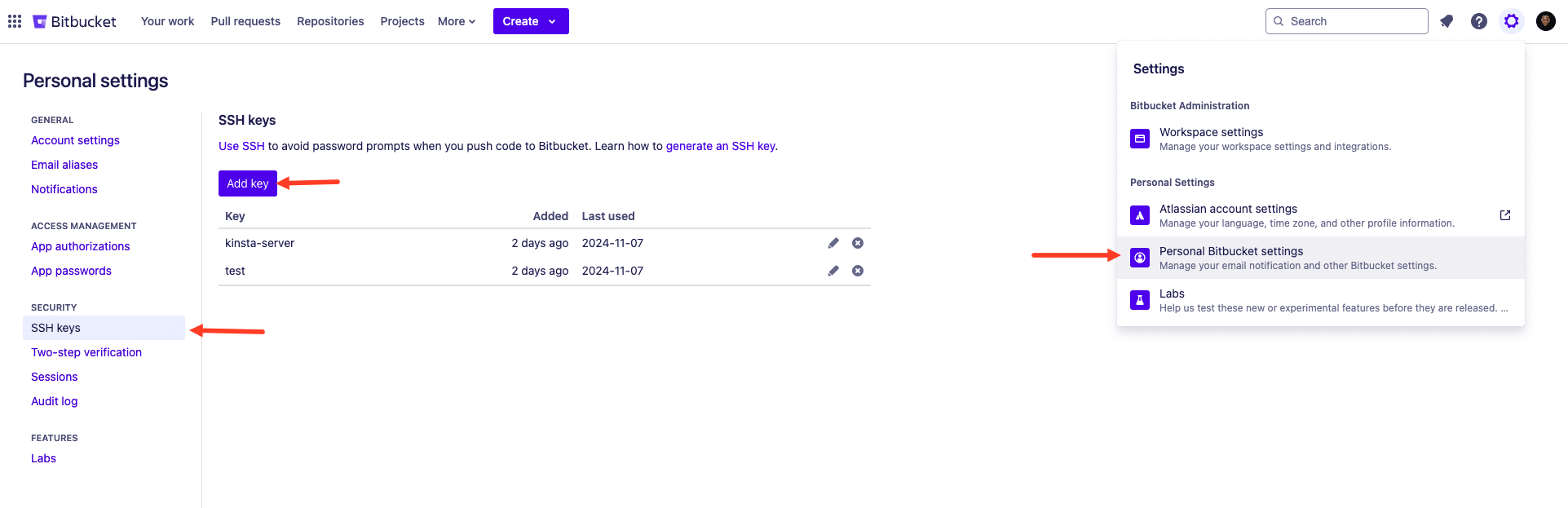 Añade la clave SSH a Bitbucket.