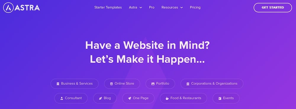 Uma captura de tela do site do tema Astra.