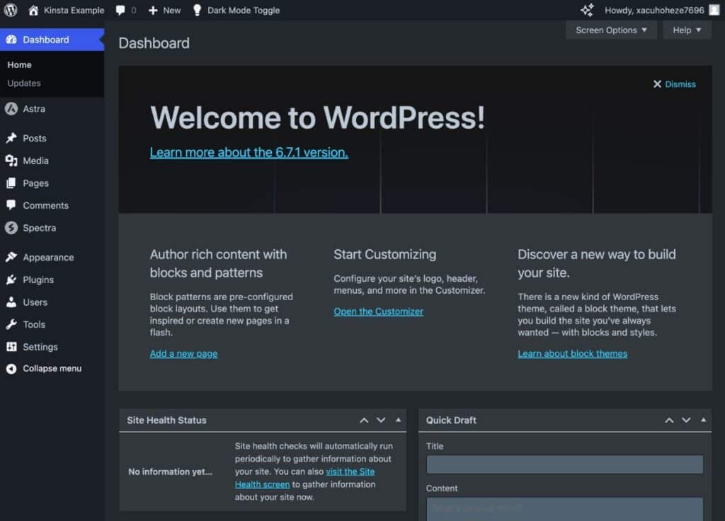 プラグインを使用したダークモードのWordPress管理画面例