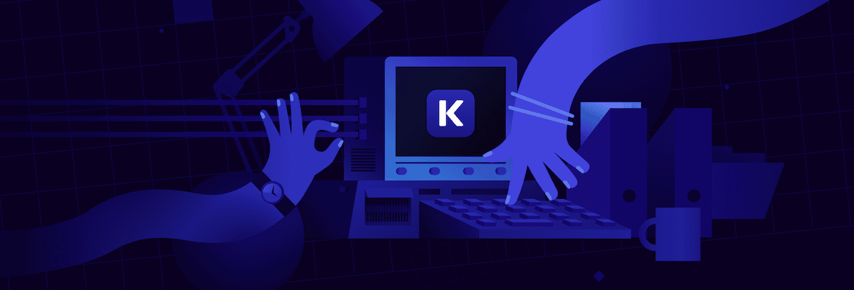 A logo da página inicial do DevKinsta apresenta uma ilustração monocromática azul-escuro com mãos apontando para um monitor de computador exibindo a letra 