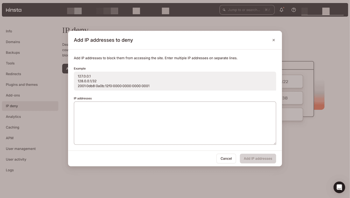 A interface de configuração do IP Deny da Kinsta com uma janela modal 