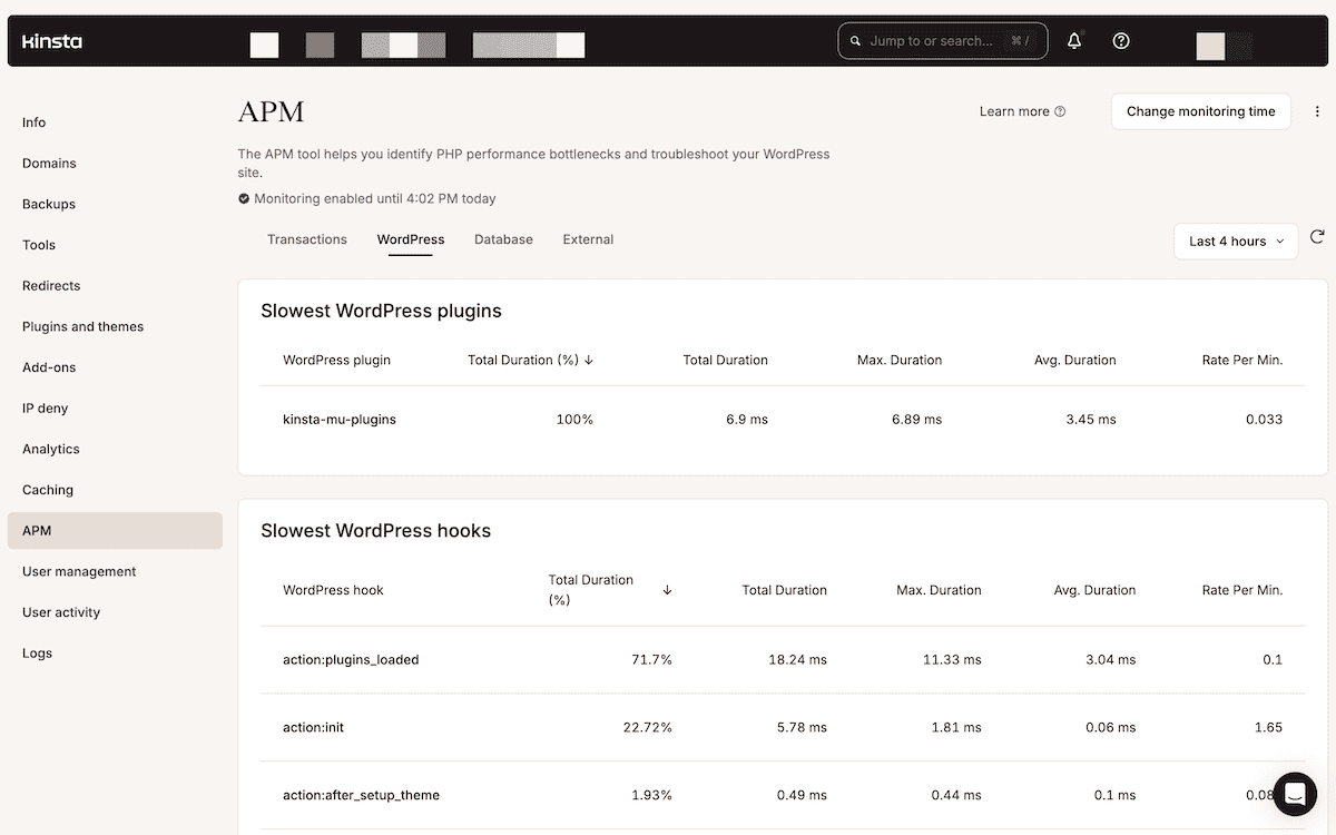A interface da ferramenta APM da Kinsta exibe métricas de desempenho do WordPress com o monitoramento habilitado para um período definido. O painel apresenta tabelas dos plugins e hooks do WordPress mais lentos.