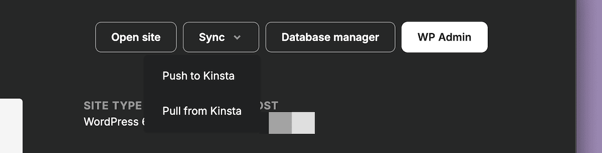 Uma parte da interface do DevKinsta exibe quatro botões de ação: Abrir site, um menu suspenso Sync com as opções Enviar para Kinsta e Recuperar da Kinsta, Gerenciador de banco de dados e WP Admin.