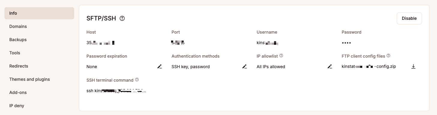 Detalles STFP/SSH de MyKinsta.