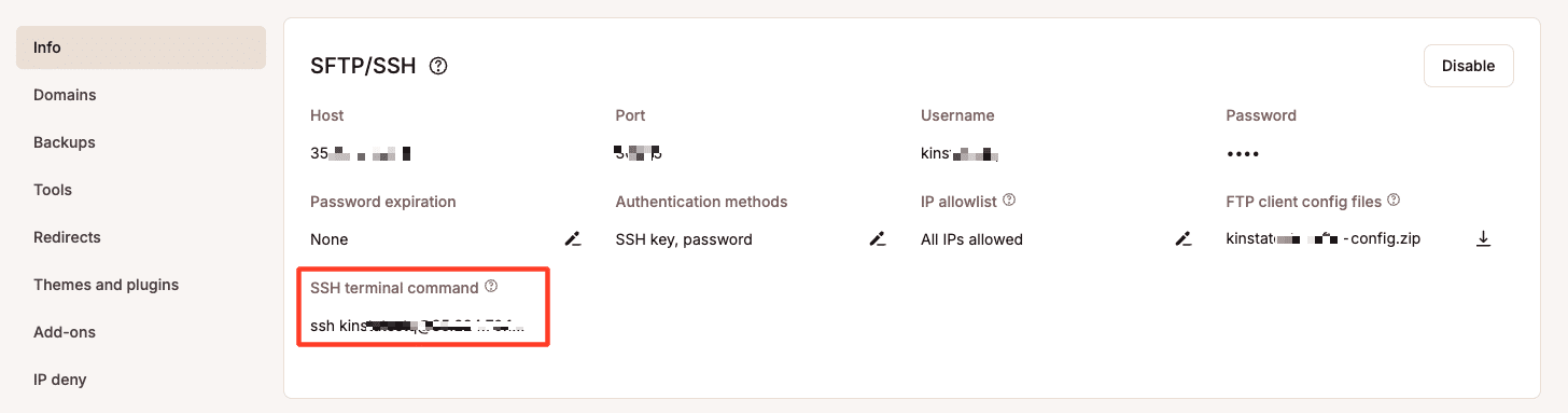 Comando de terminal SSH de MyKinsta.