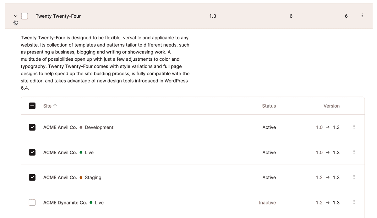Schermata che mostra una vista ampliata della finestra di dialogo per la gestione dei temi WordPress in MyKinsta.