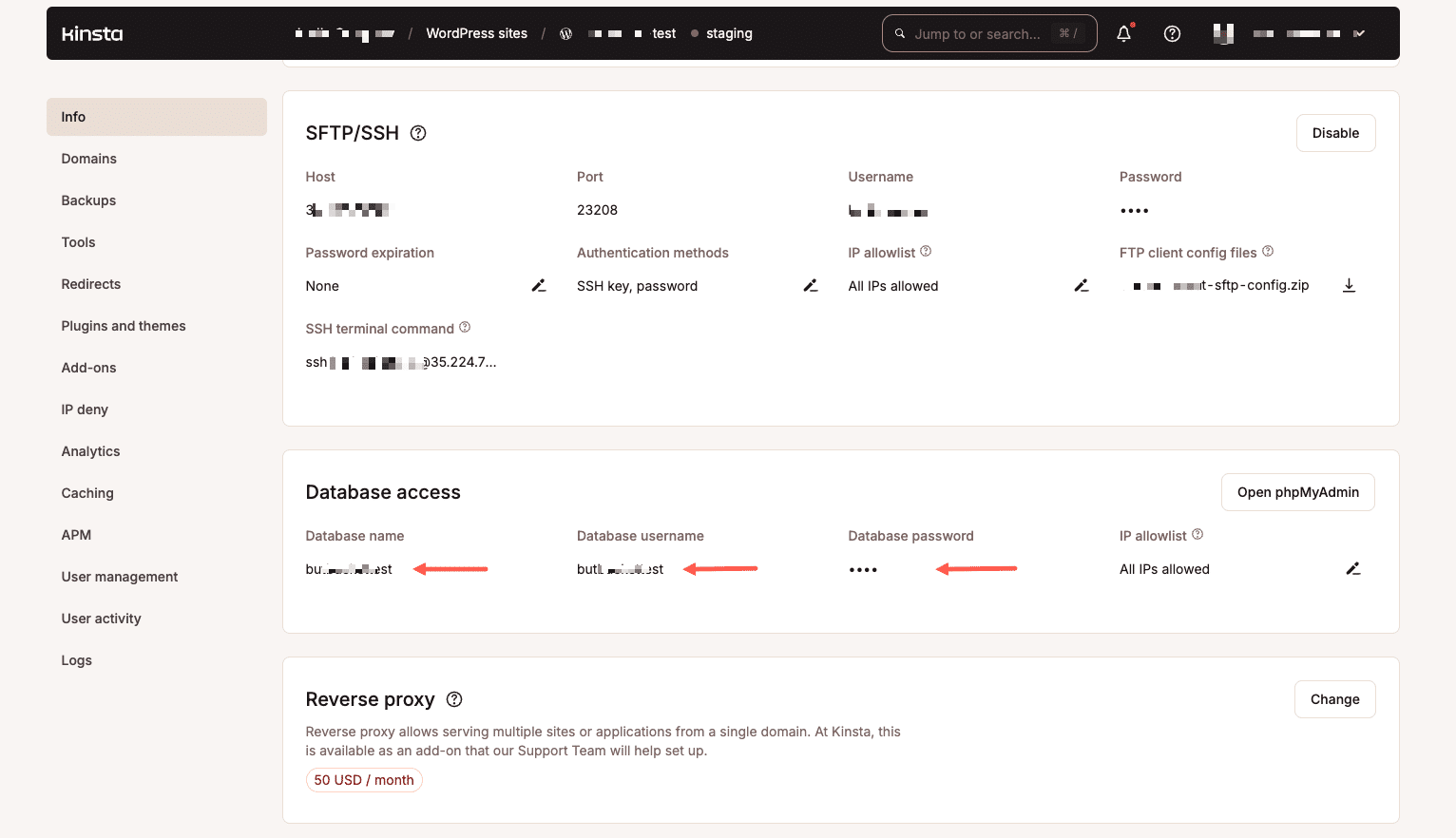 SFTP and database credentials in MyKinsta.