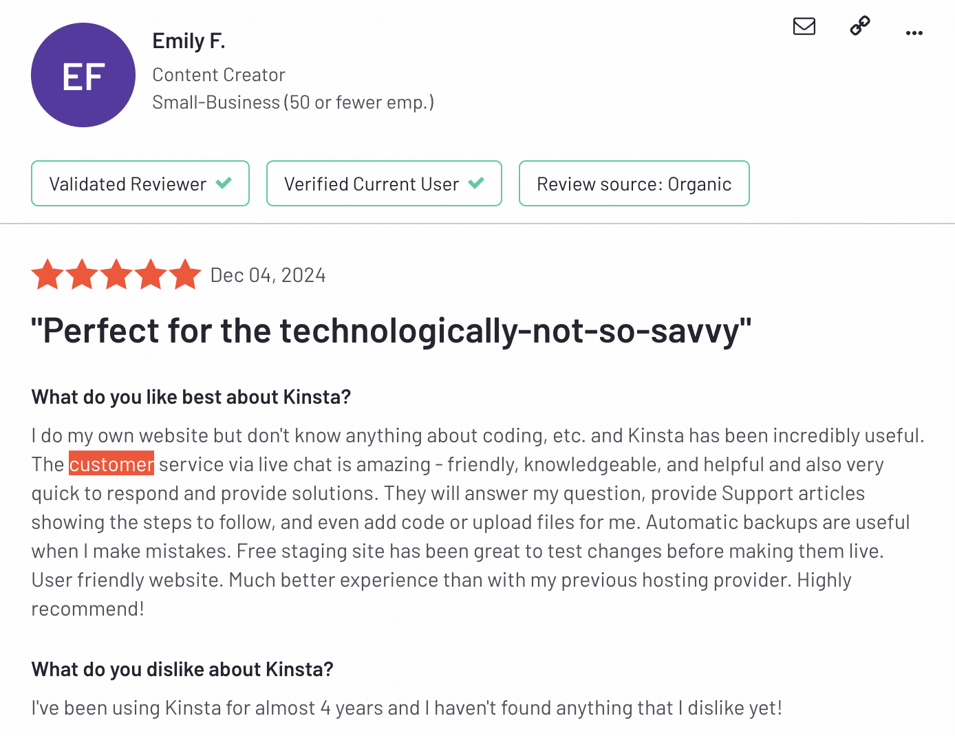 Una review independiente de un usuario de Kinsta