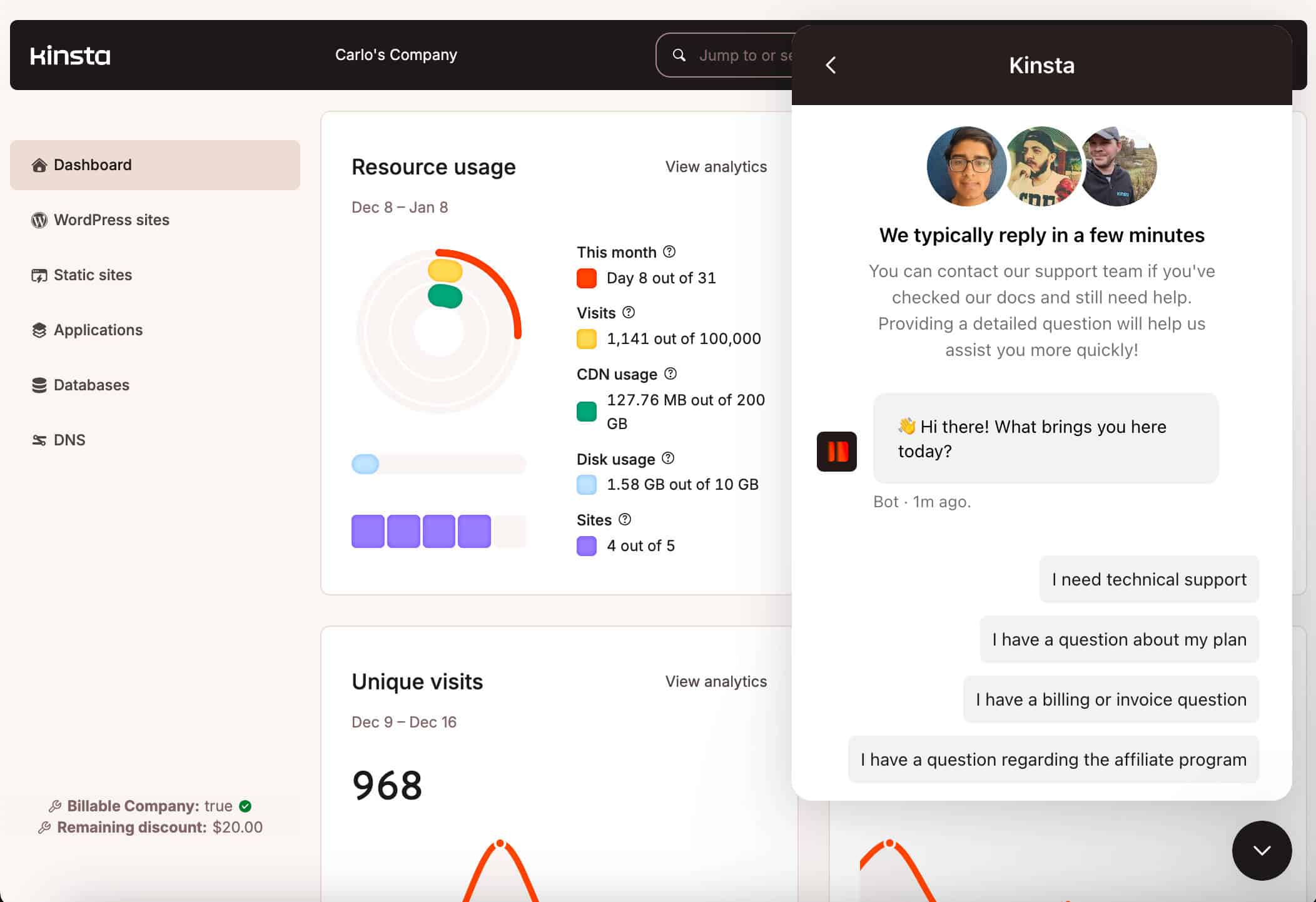 Chat de soporte en MyKinsta