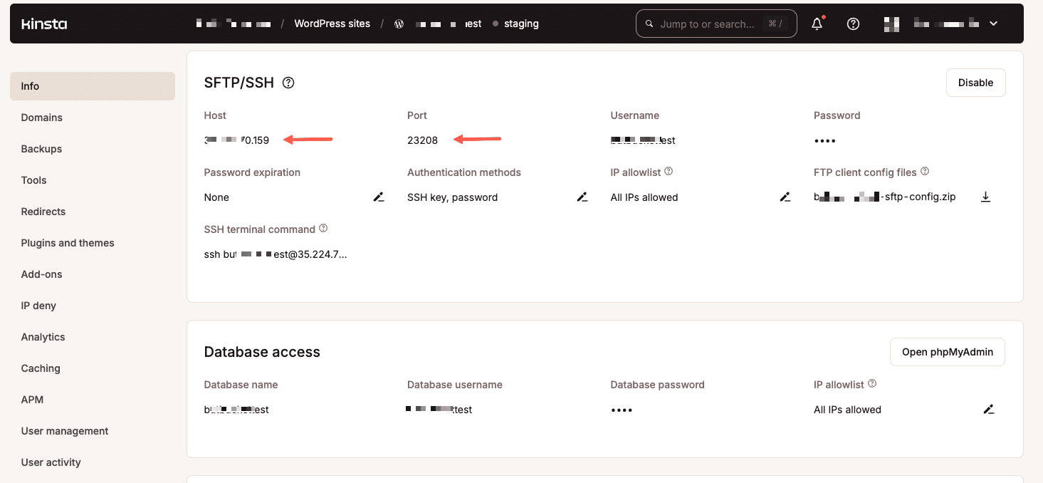 SFTP host and port details for your staging environment.